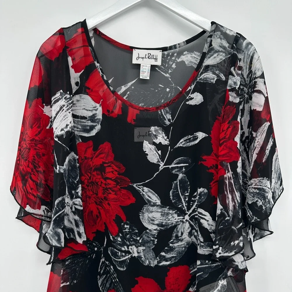 Joseph Ribkoff Top Shirt Size 10 Chiffon Overlay 3/4 Kimono Sleeve Romantic Boho - Picture 3 of 12